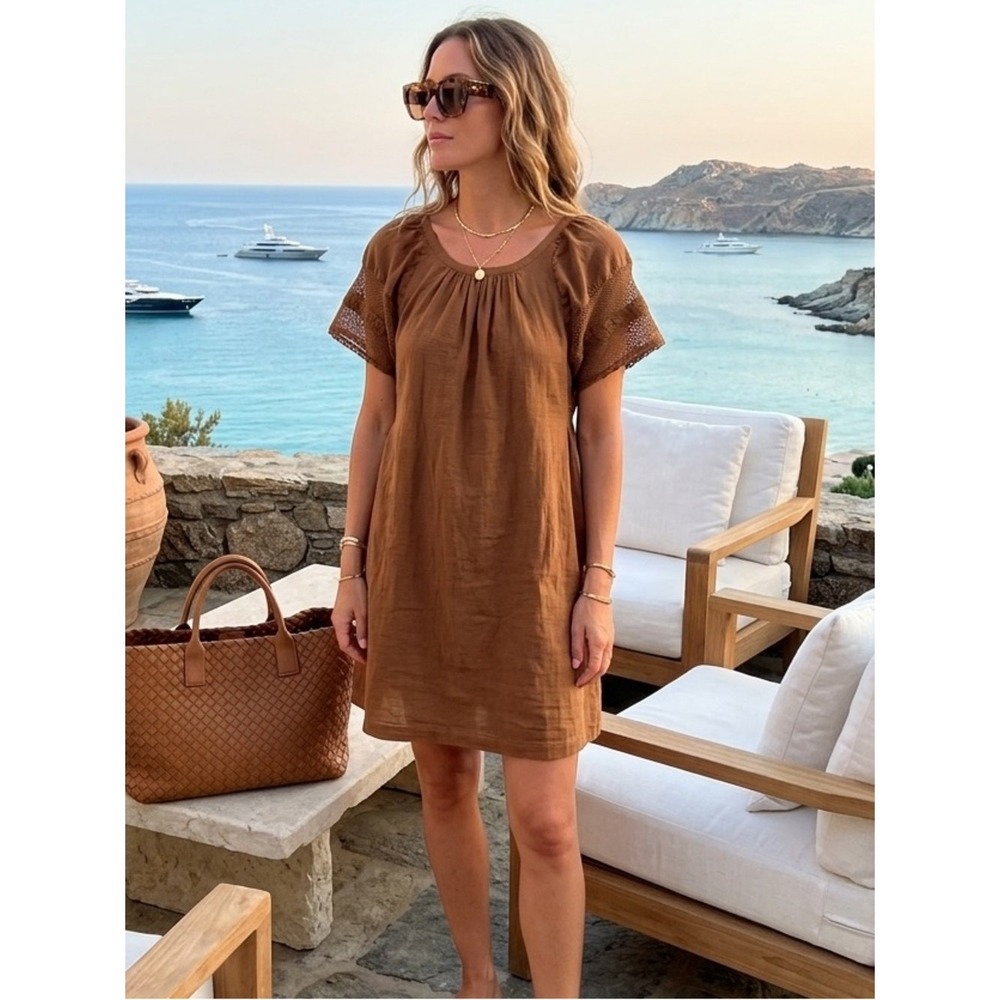 Old Navy Brown Crochet Sleeve Cotton Gauze Mini Dress M Coastal Boho Cottagecore